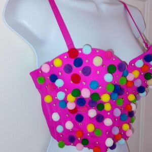 SHEIN Fuchsia Rainbow Pom Pom Rhinestone Bustier Top